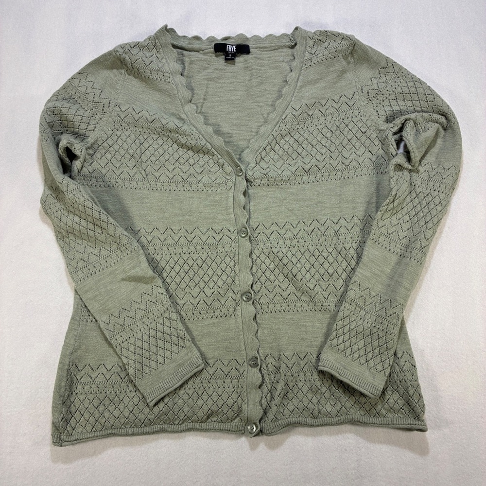 Frye Pointelle Scalloped Button Front Cardigan Sweater Womens Small Sage Green